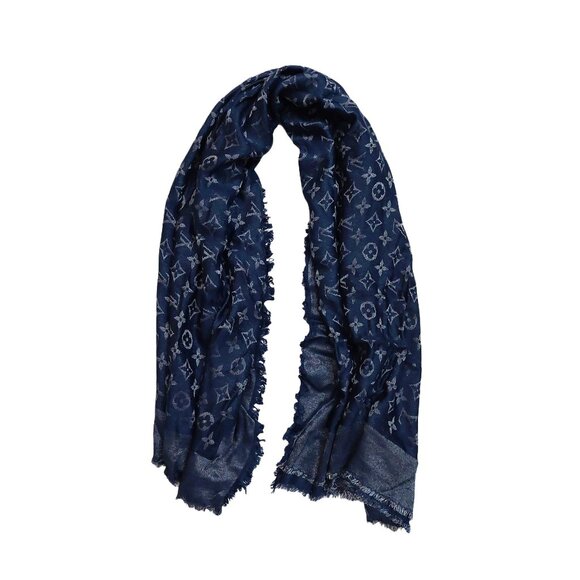 LOUIS VUITTON Vintage Iridescent Midnight Blue Silver Silk Wool Scarf Shawl Wrap - Picture 1 of 10